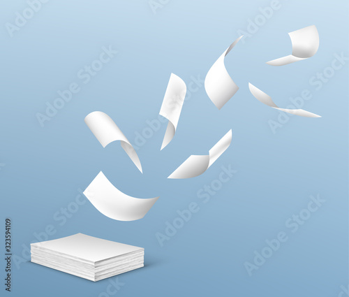 Flying white paper sheets from stack of documents. Vector realistic illustration of chaotic flight of blank note pages on wind on blue background. Office paperworks concept