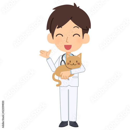 説明をする笑顔の獣医と猫