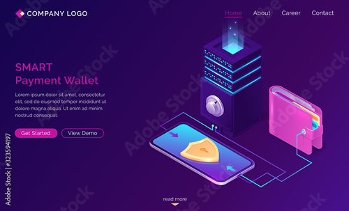 Smart payment wallet isometric landing page, purse and safe connected with smartphone with golden shield on screen, secure money online transaction, nfc technology 3d vector illustration ,web banner