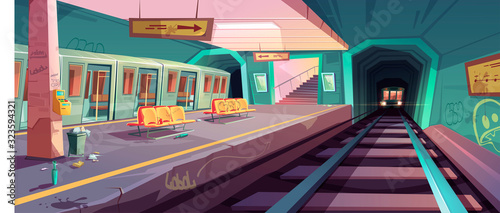 Metro station, arriving train to empty subway platform from underground tunnel. Vector cartoon illustration of messy subway interior with trash, graffiti on seats and walls in ghetto area