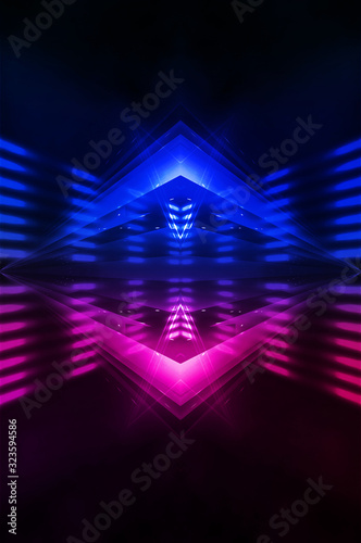 Abstract dark neon background with rays and lines. Blue and pink, purple neon light. Symmetrical reflection, mirroring. Modern futuristic geometric background. © MiaStendal