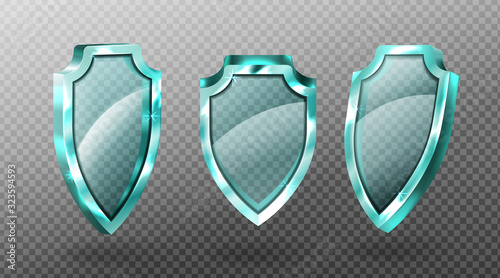 Glass shields set, blank blue acrylic screen panels with reflection and glow front side view, guard and defense symbol template isolated on transparent background, realistic 3d vector icon, clip art