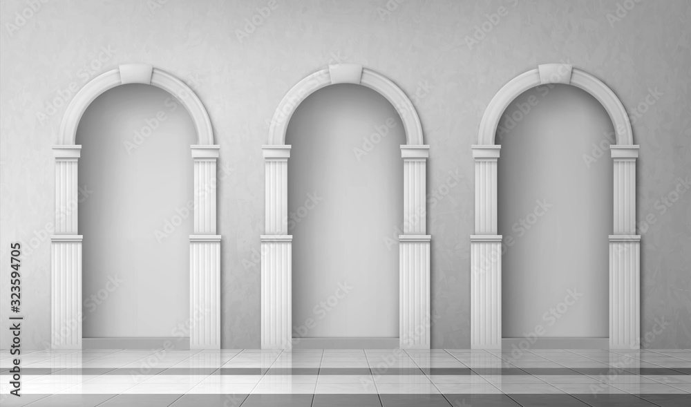 Arches with columns in wall, interior gates with white pillars in palace or castle, archway frames, portal entrance, antique alcove round doorway decoration element, Realistic 3d vector illustration