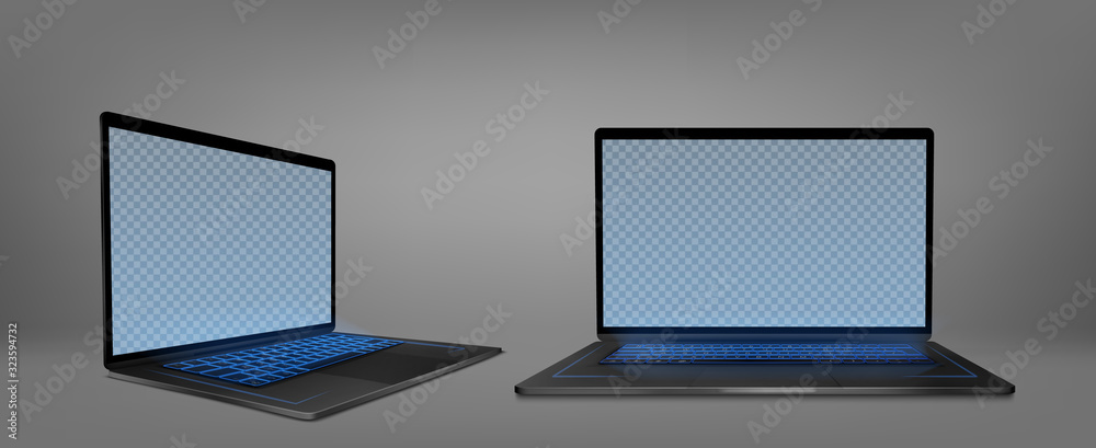 Laptop computer with blue backlit keyboard and blank screen front and angle view. Vector realistic mockup of modern notebook, portable desktop pc with empty monitor display and neon keys backlight Laptop computer with blue backlit keyboard and blank screen front and angle view. Vector realistic mockup of modern notebook, portable desktop pc with empty monitor display and neon keys backlight