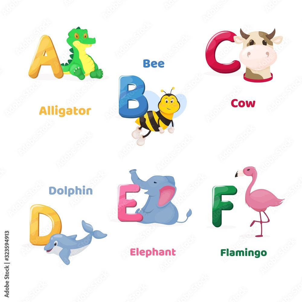 Alphabet printable flashcard letter A B C D E F. Zoo animals for english language education. Alphabet printable flashcard letter A B C D E F. Zoo animals for english language education.