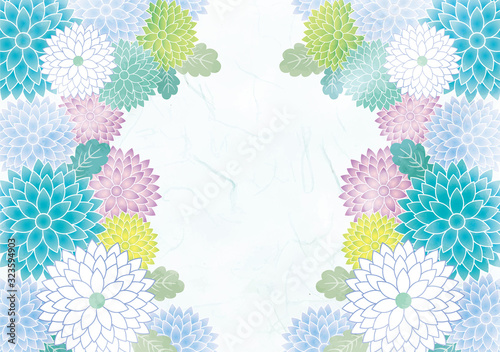 菊：和風　和柄　和　フレーム　菊　菊花紋　葉　植物　涼しい　きれい　シンプル　水彩　にじみ　和風