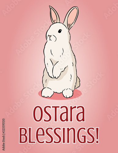 Ostara Blessings pagan holiday postcard. Easter bunny or hare vector illustration.