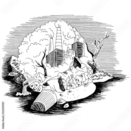 Skull ecology problem trash factory steam pollution graphic black white landscape sketch illustration vector