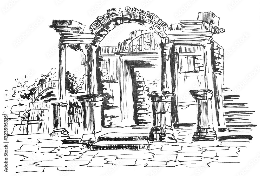 Old ruins ink drawing 