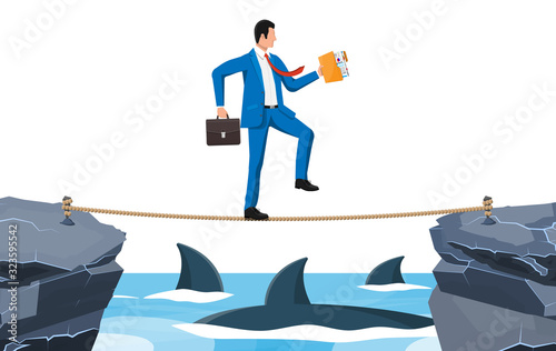 Businessman walking a tightrope over shark in water. Businessman in suit walking on rope with briefcase. Obstacle on road, financial crisis. Risk management challenge. Flat vector illustration