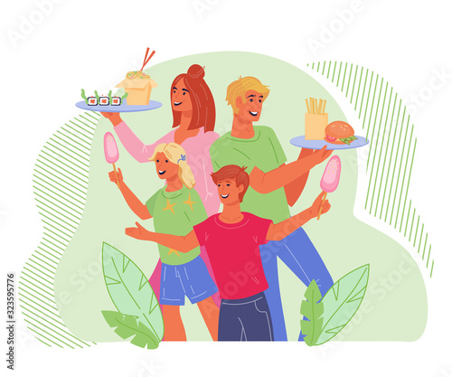 Family visiting street food festival - cheerful people carrying trays with various dishes. Culinary feast or self service restaurant concept. National cuisines day. Flat vector illustration.