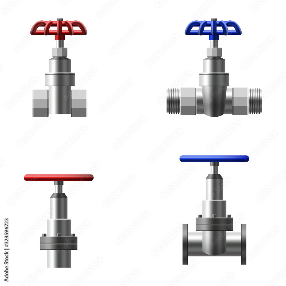 Set valves ball, fittings, pipes of metal piping system. Different types valves water, oil, gas pipeline, pipes sewage