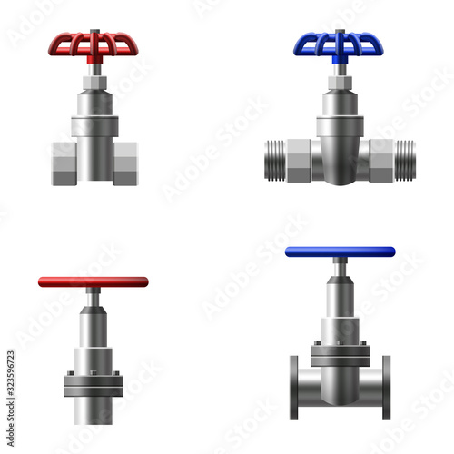 Set valves ball, fittings, pipes of metal piping system. Different types valves water, oil, gas pipeline, pipes sewage