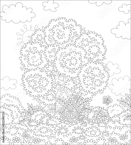 Small wooden house from a fairytale with decorations, a porch and a fence under a big branchy tree on a pretty forest glade, black and white vector cartoon illustration for a coloring book page