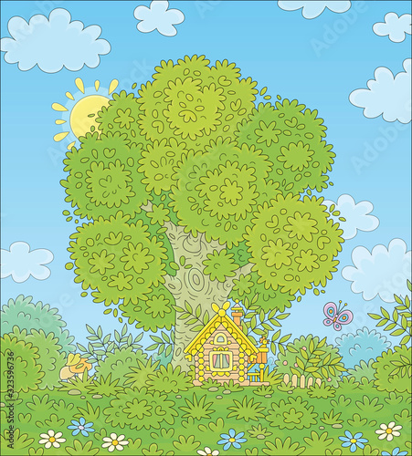 Small wooden house from a fairytale with decorations, a porch and a fence under a big branchy tree on a pretty forest glade on a sunny summer day, vector cartoon illustration