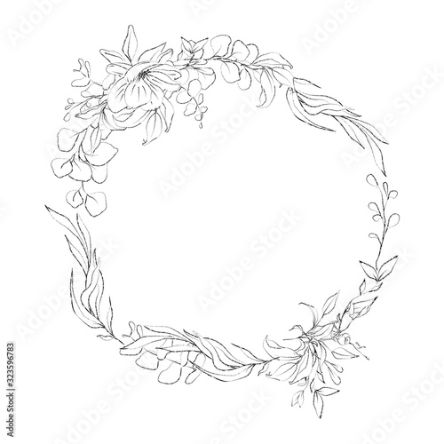 Botanical sketched floral frame. Line art hand drawn plants.