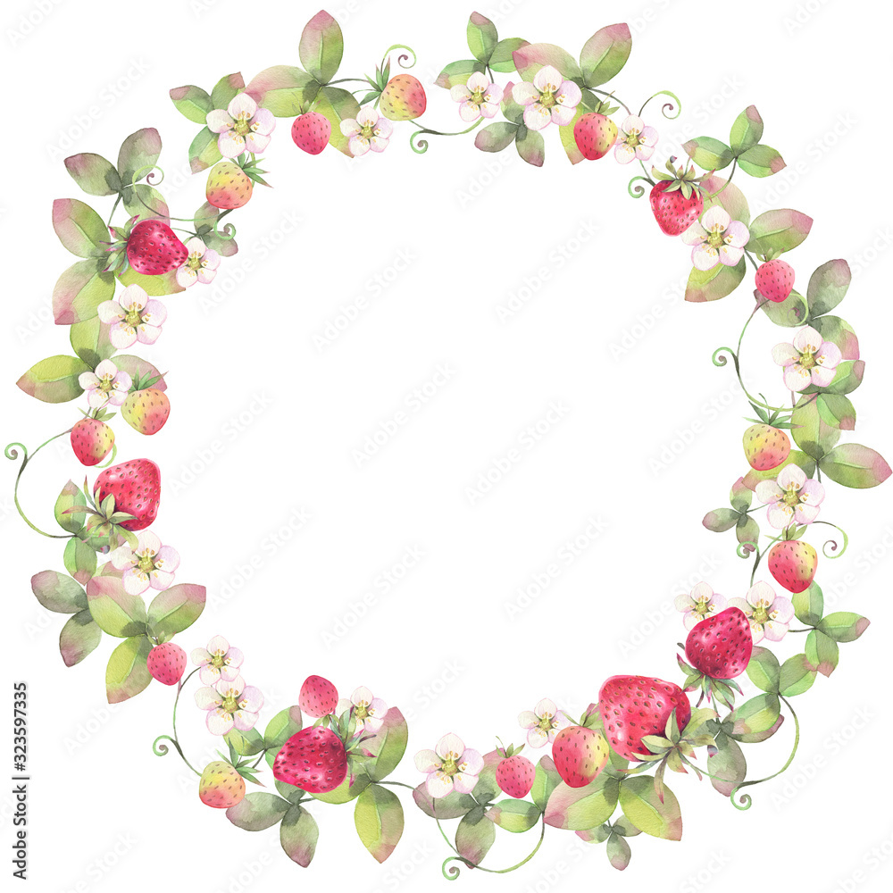 Floral round wreath of strawberries. Hand drawn watercolor illustration.