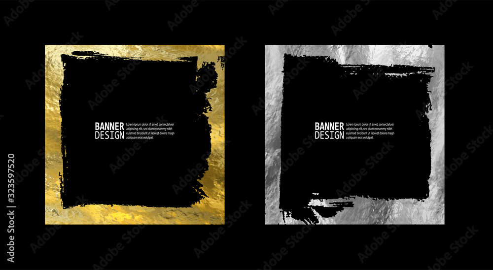 Square golden silver frame set on a black background.