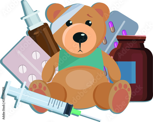 medical set. medicines, syringe, teddy bear