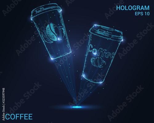 Hologram of coffee. Holographic projection of coffee cups. Flickering energy flux of particles. Scientific design of drinks.