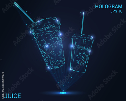 Hologram juice. Holographic projection cups with tubes Flickering energy flux of particles. Scientific design of drinks.