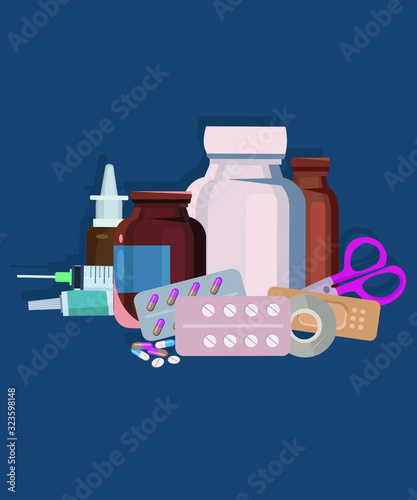medical set. medicines, syringe, teddy bear