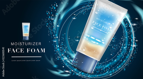 Luxury cosmetic Bottle package skin care cream, Beauty cosmetic product poster, with lighting on dark blue background