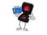 Red traffic light character holding credit card