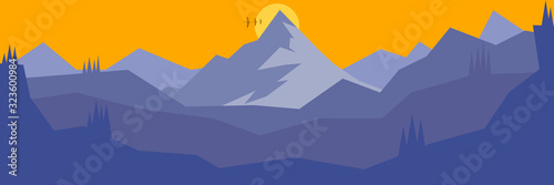 Vector landscape with mountain range,pine trees in matte blue color.