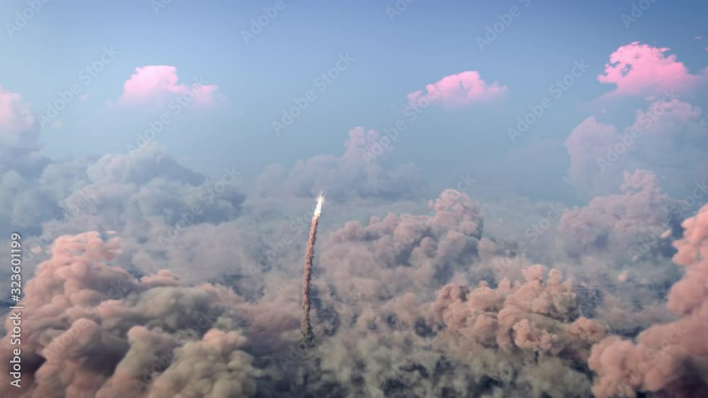 Rocket Launch through the clouds, Starship rocket to the mars. 4k animation