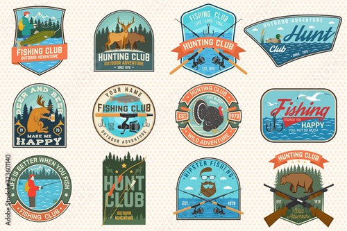 Set of Fishing and Hunting club patches. Vector Concept for shirt, print, patch. Patches with hunting gun, hunter, fish rod, fisher, river, forest. Outdoor fishing and hunting club emblem