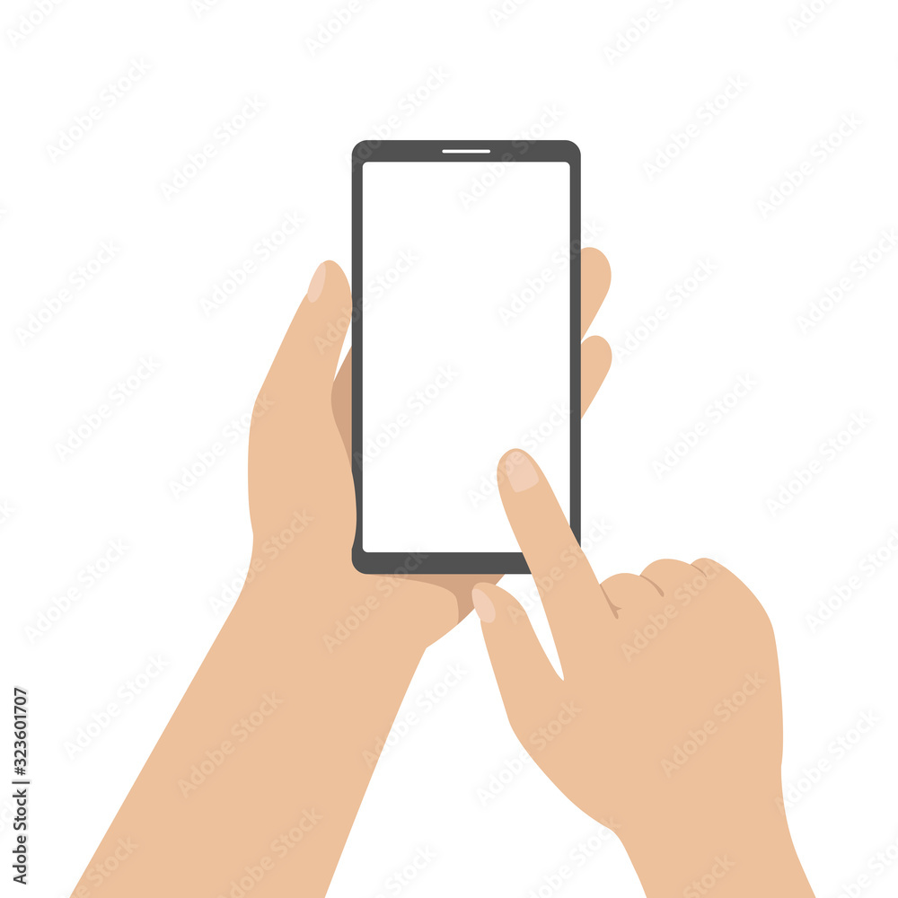 Man hold smartphone in hand and tap on screen with forefinger. Vector illustration.