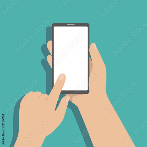 Man hold smartphone in hand and tap on screen with finger. Vector illustration.