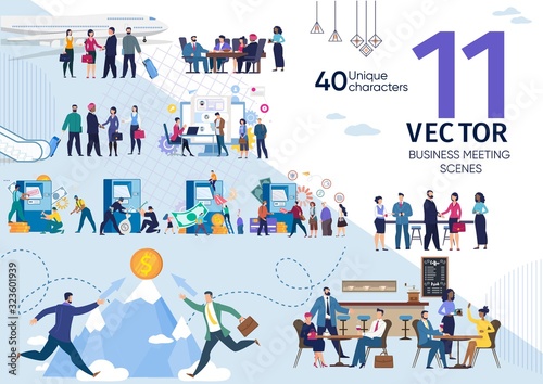 Business Partners, Finance Investors, Work Colleagues Life Scenes and Work Situations, Office Meeting and Partners Negotiation, Broken ATM Maintenance Concepts Trendy Flat Vector Illustrations Set