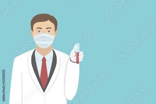 Caucasian man in lab coat hold test tube with blood in his hand. Vector illustration.
