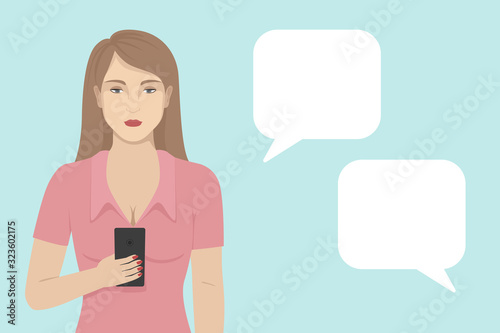 Caucasian woman reading and typing messages on smartphone. Vector.