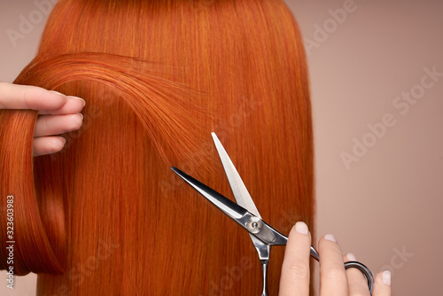 Hairdresser cuts long red hair with scissors. Hair salon, hairstylist. Care and beauty hair products. Dyed hair