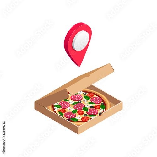 Online delivery service 3d concept. Isometric tasty pizza in box with map pointer isolated on white. 3d traditional italian fast food icon. Vector illustration for web, advert, menu, mobile app