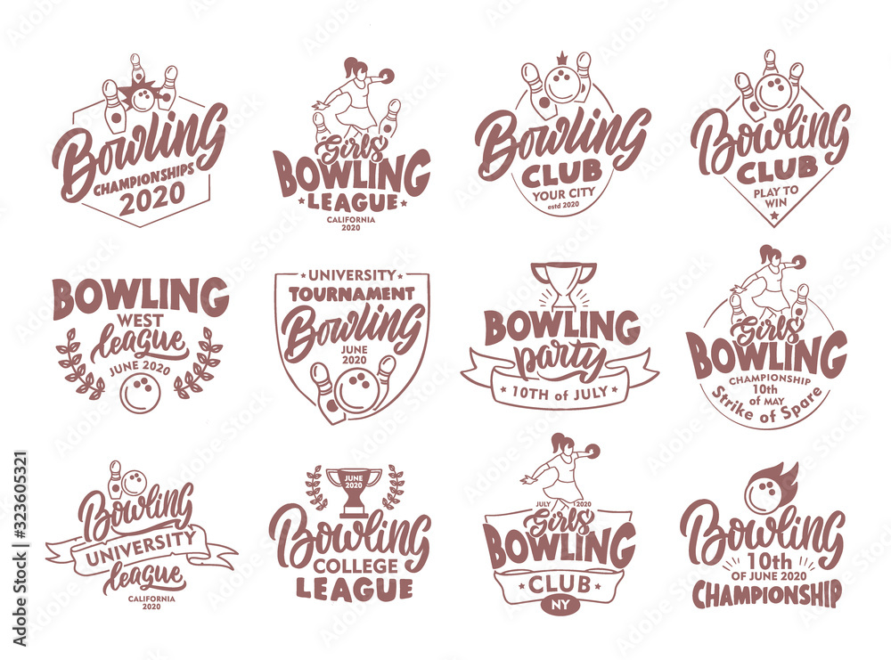 Set of vintage Bowling emblems and stamps. Sport badges, stickers on white background isolated