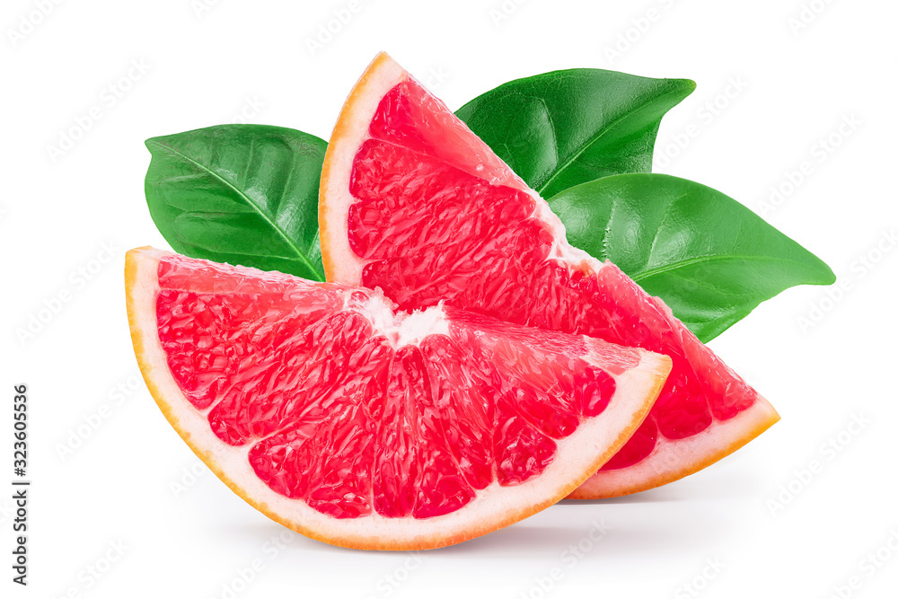 Grapefruit slice with leaves isolated on white background closeup Grapefruit slice with leaves isolated on white background closeup