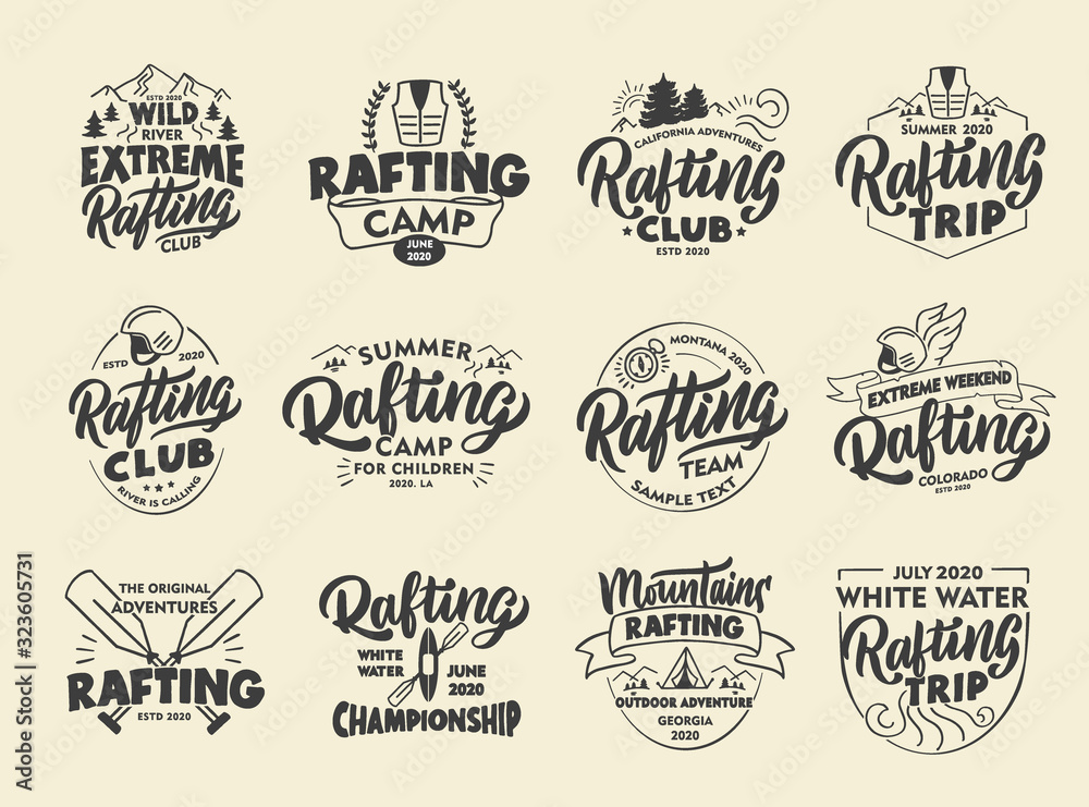Set of vintage Rafting emblems and stamps. The original adventures badges, templates and stickers for club