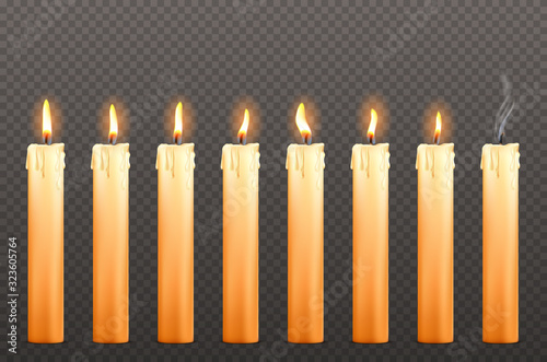 Candles with different fire flames and dripping wax isolated on transparent background. Vector realistic set of burning candles with flickering light and one with extinguished wick