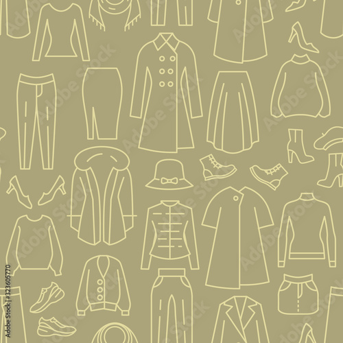 Women clothes icons pattern. Female clothing seamless background. Seamless pattern vector illustration