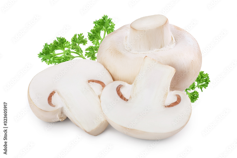 Fototapeta premium Fresh mushrooms champignon and half isolated on white background with clipping path