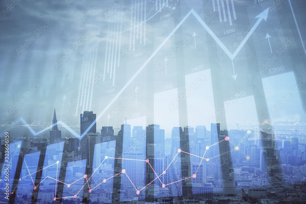 Forex graph on city view with skyscrapers background multi exposure. Financial analysis concept. Forex graph on city view with skyscrapers background multi exposure. Financial analysis concept.