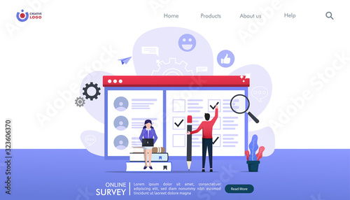 Online survey concept with characters. Can use for landing page, template, ui, web, homepage, poster, banner, flyer. Flat vector illustration with background