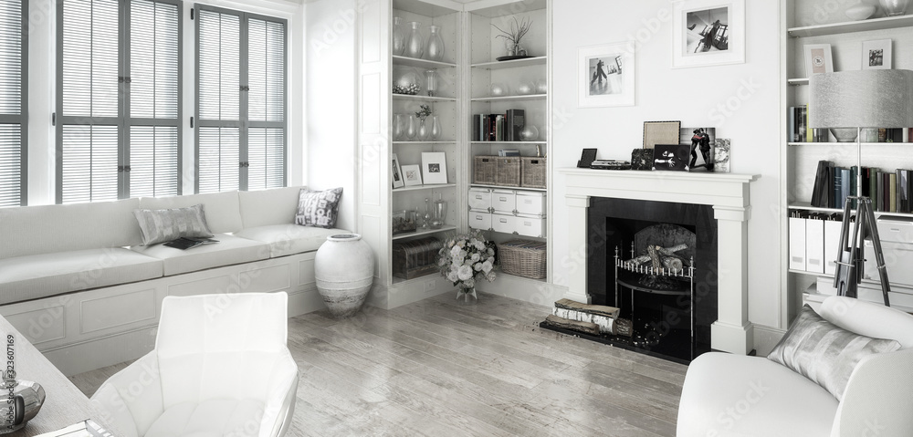 White classical style apartment - panoramic 3d visualization White classical style apartment - panoramic 3d visualization