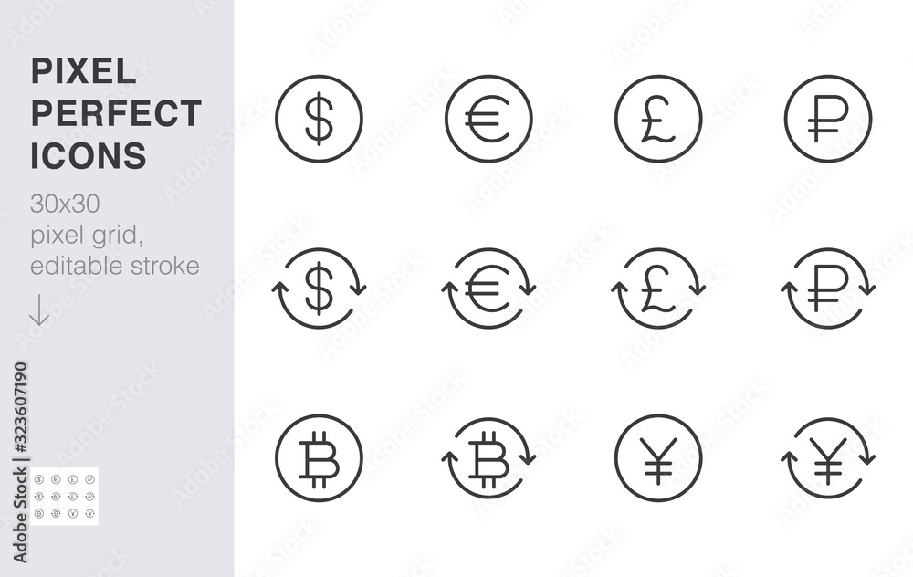 Currency exchange line icon set. Dollar, euro, pound, russian ruble, yen, bitcoin minimal vector illustration. Simple outline money sign for financial application. 30x30 Pixel Perfect Editable Stroke