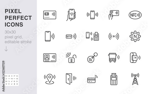 NFC line icon set. Near Field Communication technology, contactless payment, card with chip minimal vector illustration. Simple outline signs for smartphone pay. 30x30 Pixel Perfect. Editable Strokes