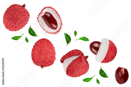 lychee fruit isolated on white background with clipping path and full depth of field. Top view. Flat lay with copy space for your text